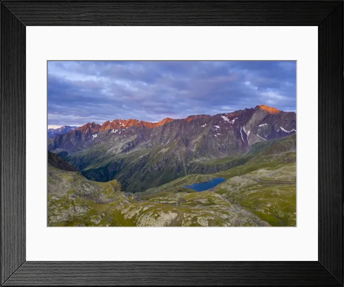 Framed Print : Aerial panoramic of Cima di Pietrarossa and Lago Nero at dawn, Gavia Pass, Valcamonica Framed Print : Aerial panoramic of Cima di Pietrarossa and Lago Nero at dawn, Gavia Pass, Valcamonica