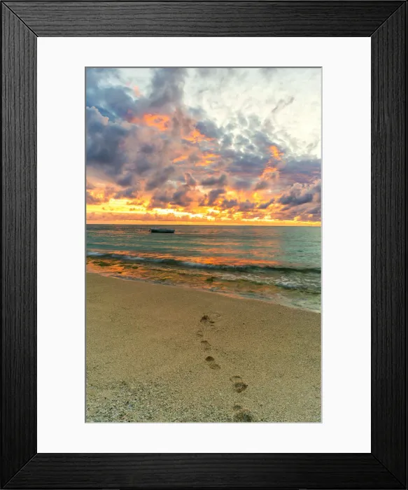 Framed Print : African sunset over footprints on tropical sand beach, Le Morne Brabant, Black River Framed Print : African sunset over footprints on tropical sand beach, Le Morne Brabant, Black River