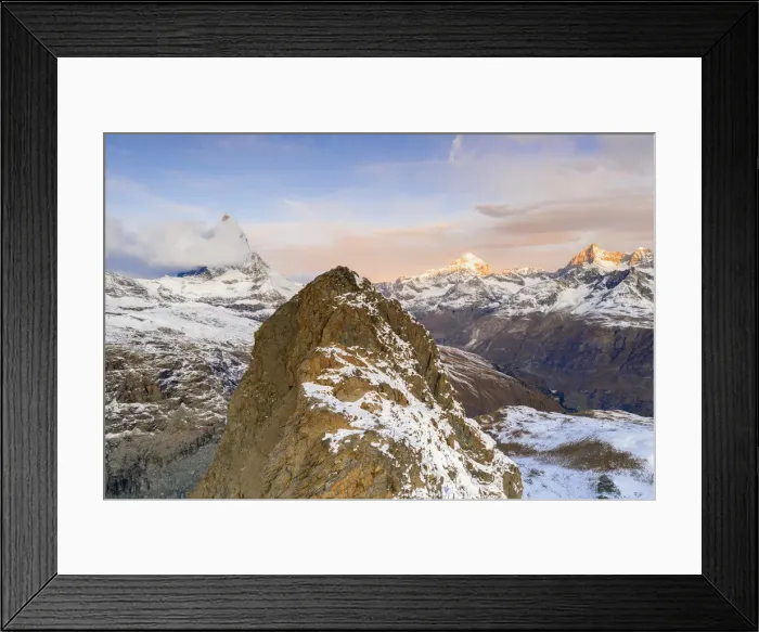 Framed Print : Aerial view of Riffelhorn ridge, Matterhorn and Dent Blanche at sunrise, Zermatt Framed Print : Aerial view of Riffelhorn ridge, Matterhorn and Dent Blanche at sunrise, Zermatt