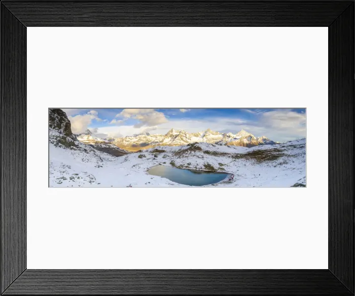 Framed Print : Aerial panoramic of Riffelsee lake surrounded by snow, Zermatt, canton of Valais Framed Print : Aerial panoramic of Riffelsee lake surrounded by snow, Zermatt, canton of Valais