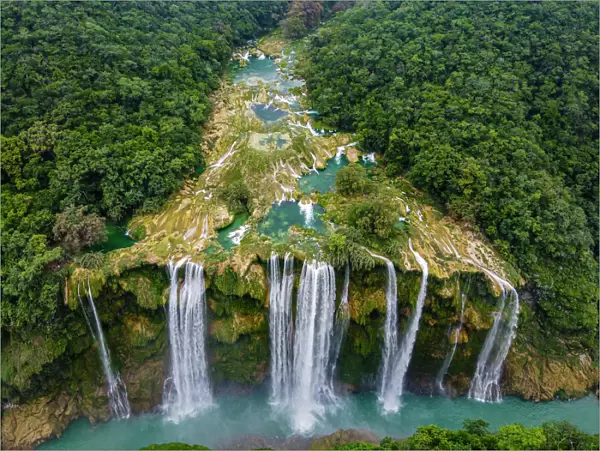 Aerial of the Tamul waterfalls, Huasteca Potosi, San Luis Potosi, Mexico, North America