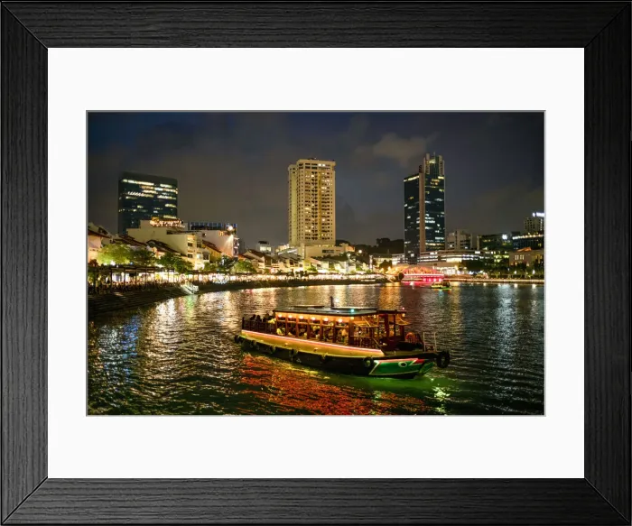 Framed Print : Tourist boat near the historic Boat Quay in Singapore river at dusk, Singapore, Southeast Framed Print : Tourist boat near the historic Boat Quay in Singapore river at dusk, Singapore, Southeast