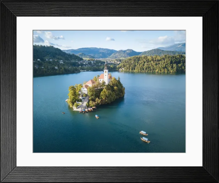 Framed Print : Aerial view by drone of Bled Island with the Church of the Assumption at dawn, Lake Bled Framed Print : Aerial view by drone of Bled Island with the Church of the Assumption at dawn, Lake Bled