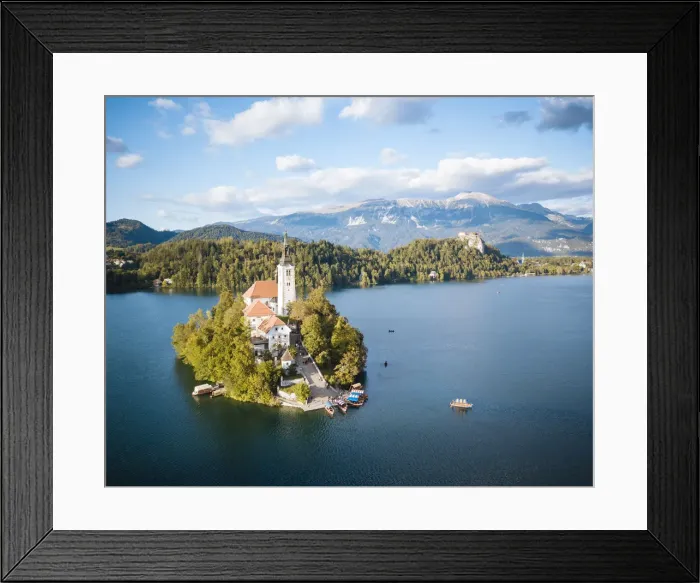 Framed Print : Aerial view by drone of Bled Island with the Church of the Assumption at dawn, Lake Bled Framed Print : Aerial view by drone of Bled Island with the Church of the Assumption at dawn, Lake Bled