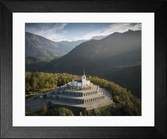 Framed Print : Aerial view by drone of St. Anthonys Sanctuary Caporetto Memorial, Kobarid, Goriska Framed Print : Aerial view by drone of St. Anthonys Sanctuary Caporetto Memorial, Kobarid, Goriska
