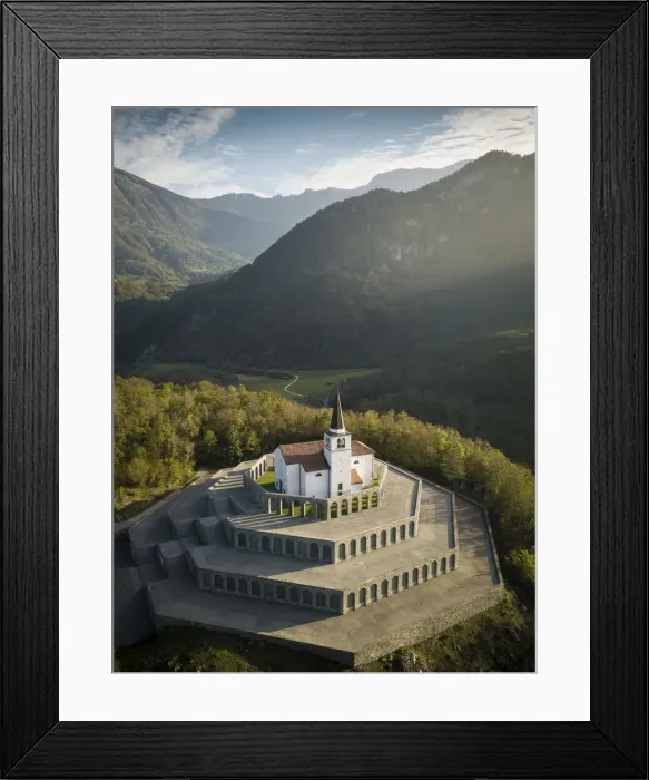 Framed Print : Aerial view by drone of St. Anthonys Sanctuary Caporetto Memorial, Kobarid, Goriska Framed Print : Aerial view by drone of St. Anthonys Sanctuary Caporetto Memorial, Kobarid, Goriska