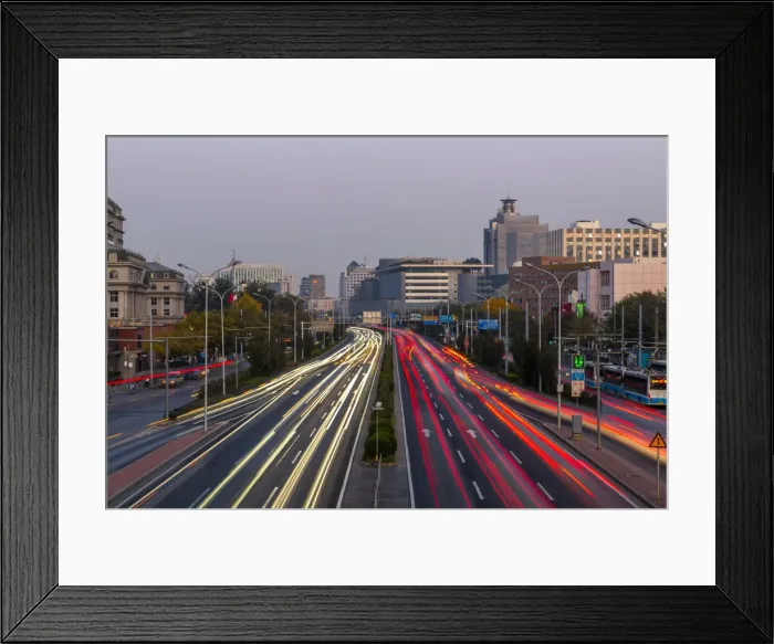 Framed Print : Traffic trail lights on major road near Beijing Zoo at dusk, Beijing, People s Framed Print : Traffic trail lights on major road near Beijing Zoo at dusk, Beijing, People s