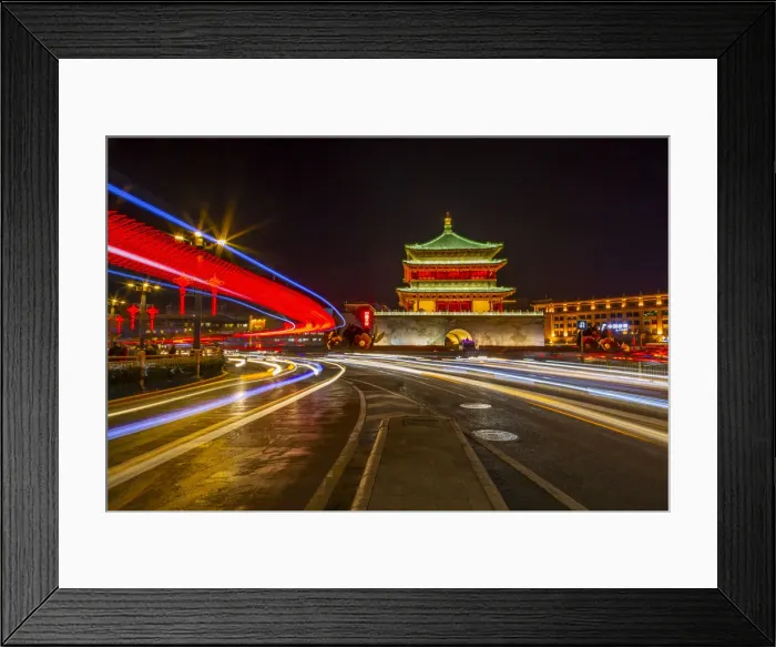 Framed Print : View of famous Bell Tower in Xi an city centre at night, Xi an, Shaanxi Province