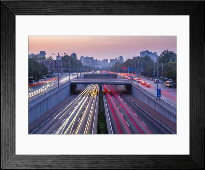 Framed Print : Traffic trail lights on major road near Beijing Zoo at dusk, Beijing, People s Framed Print : Traffic trail lights on major road near Beijing Zoo at dusk, Beijing, People s