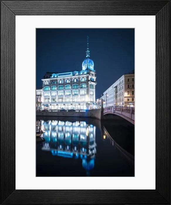 Framed Print : Au Pont Rouge Department Store at night, St. Petersburg, Leningrad Oblast, Russia, Europe