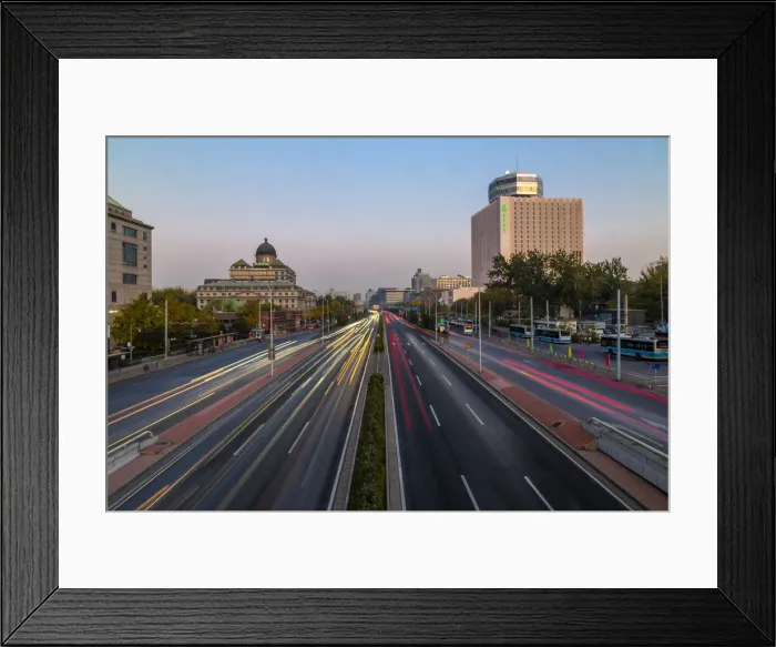 Framed Print : Traffic trail lights on major road near Beijing Zoo at dusk, Beijing, People s Framed Print : Traffic trail lights on major road near Beijing Zoo at dusk, Beijing, People s
