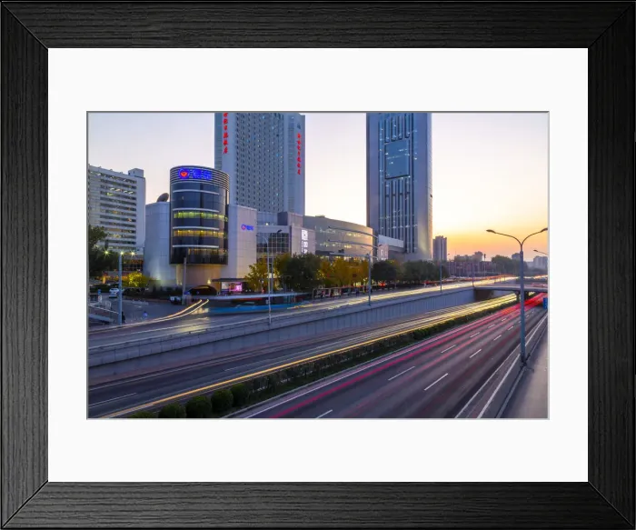Framed Print : Traffic trail lights on major road near Beijing Zoo at dusk, Beijing, People s Framed Print : Traffic trail lights on major road near Beijing Zoo at dusk, Beijing, People s