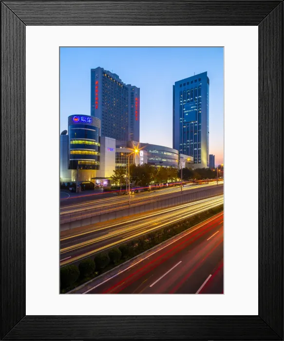 Framed Print : Traffic trail lights on major road near Beijing Zoo at dusk, Beijing, People s