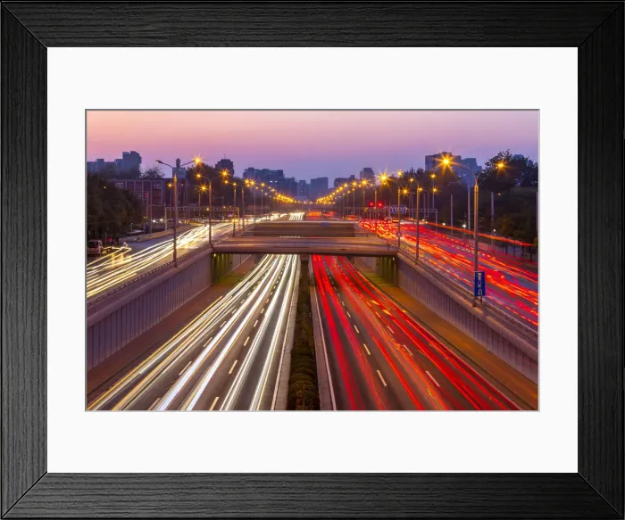 Framed Print : Traffic trail lights on major road near Beijing Zoo at dusk, Beijing, People s Framed Print : Traffic trail lights on major road near Beijing Zoo at dusk, Beijing, People s