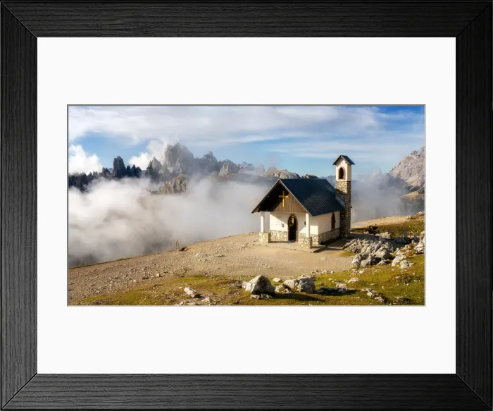 Framed Print : Small church with the Cadini di Misurina mountain range in the background, Dolomites Framed Print : Small church with the Cadini di Misurina mountain range in the background, Dolomites
