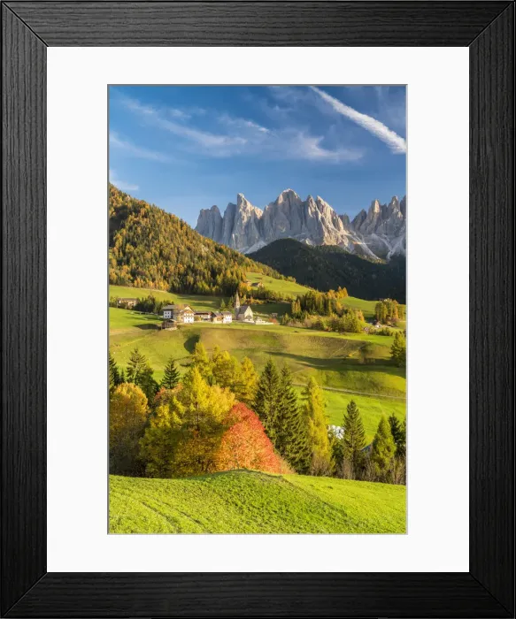 Framed Print : Sunset over the Odle Group and village of Santa Magdalena in autumn, Funes Valley