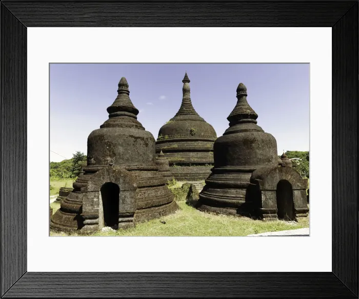 Framed Print : Three stupas of Ratanabon temple with clear blue sky behind, Mrauk U, Rakhine Framed Print : Three stupas of Ratanabon temple with clear blue sky behind, Mrauk U, Rakhine