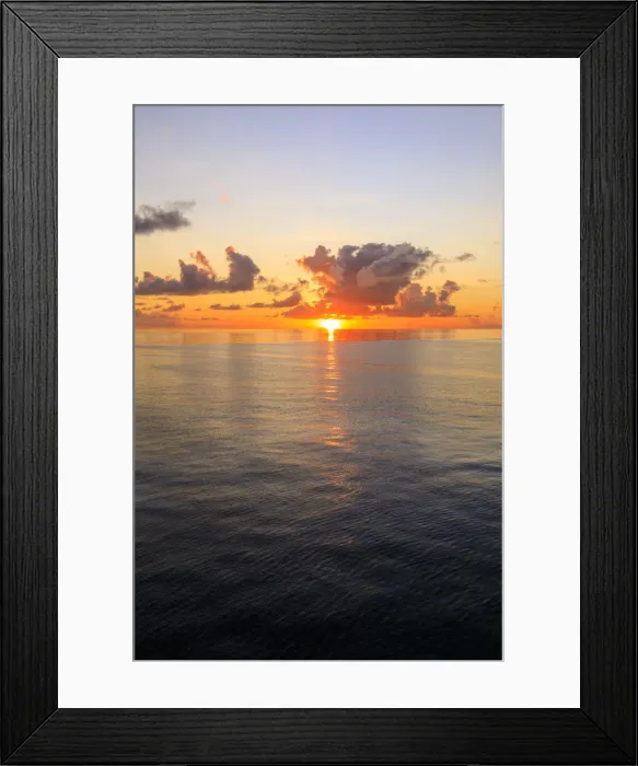 Framed Print : Sunset over beautiful calm sea, interesting clouds, vibrant colours, St. Kitts, St Framed Print : Sunset over beautiful calm sea, interesting clouds, vibrant colours, St. Kitts, St