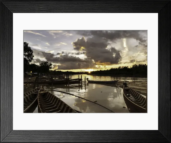 Framed Print : Mrauk U boat jetty at sunset showing waterlogged canoes in the foreground, Mrauk U Framed Print : Mrauk U boat jetty at sunset showing waterlogged canoes in the foreground, Mrauk U