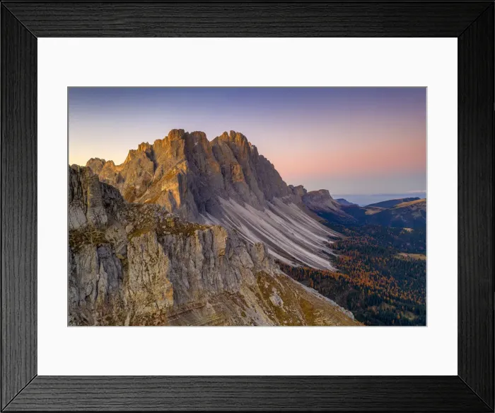 Framed Print : Autumn trees at feet of Furchetta and Sass Rigais, aerial view, Puez-Odle, Funes Valley