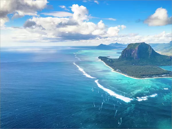 Aerial view of mountain overlooking the ocean, Le Morne Brabant peninsula