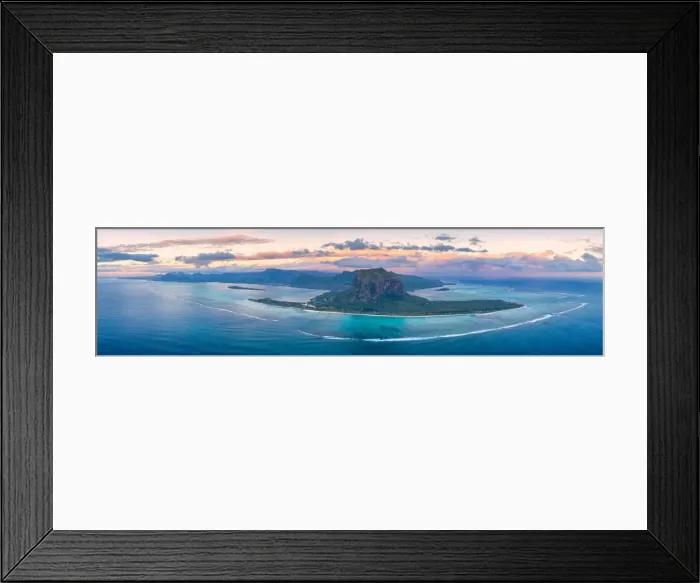 Framed Print : Aerial panoramic of Le Morne Brabant peninsula and coral reef, Black River district Framed Print : Aerial panoramic of Le Morne Brabant peninsula and coral reef, Black River district