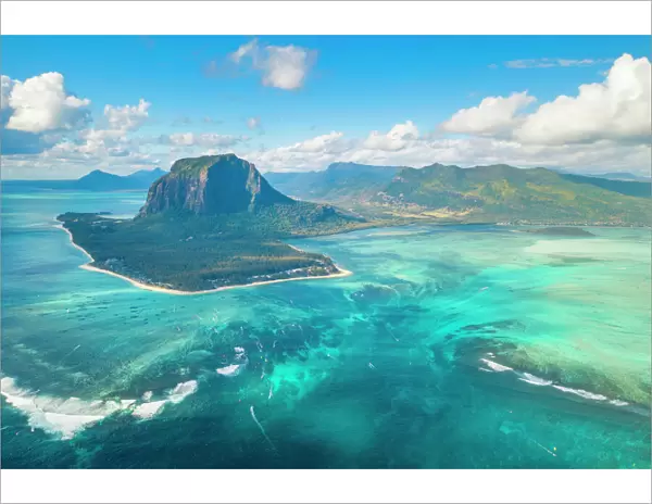 Aerial view of Le Morne Brabant and the Underwater Waterfall optical illusion
