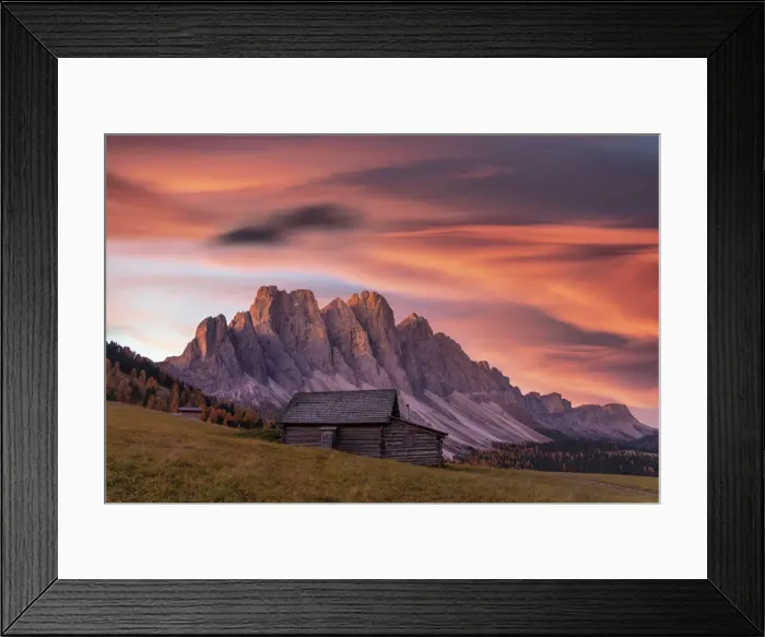 Framed Print : Sunrise over the Odle peaks and traditional hut in Gampen Alm in autumn, Funes Valley Framed Print : Sunrise over the Odle peaks and traditional hut in Gampen Alm in autumn, Funes Valley