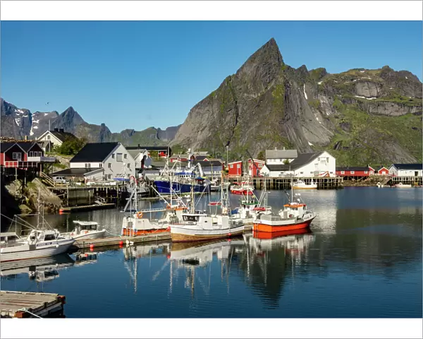 Fishing village on strandflat of Hamnoy, Reinefjorden Islands, Lofoten, Norway