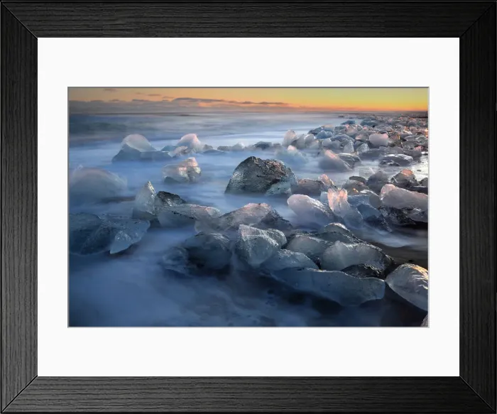 Framed Print : Pieces of glacial ice over black sand being washed by waves, Iceland, Polar Regions Framed Print : Pieces of glacial ice over black sand being washed by waves, Iceland, Polar Regions