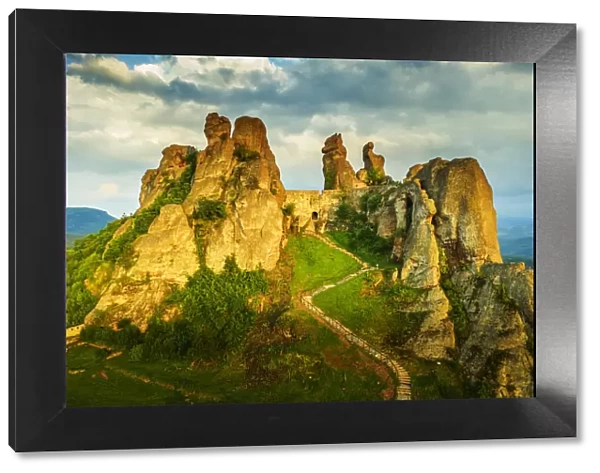 Aerial view by drone of Kaleto Rock Fortress rock formations, Belogradchik, Bulgaria