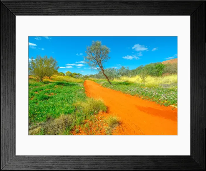 Framed Print : Dry river bed with red sand in Desert Park at Alice Springs near MacDonnell Ranges in