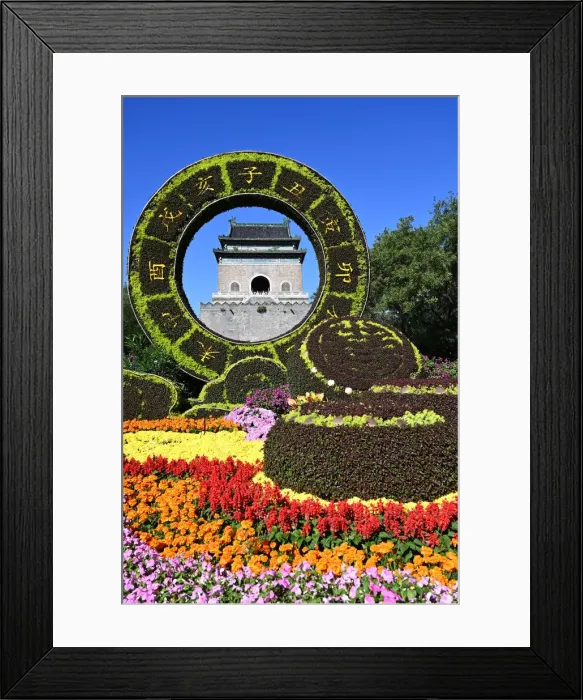 Framed Print : Elaborate floral decorations celebrating 70 years of China framing the Bell Tower Framed Print : Elaborate floral decorations celebrating 70 years of China framing the Bell Tower