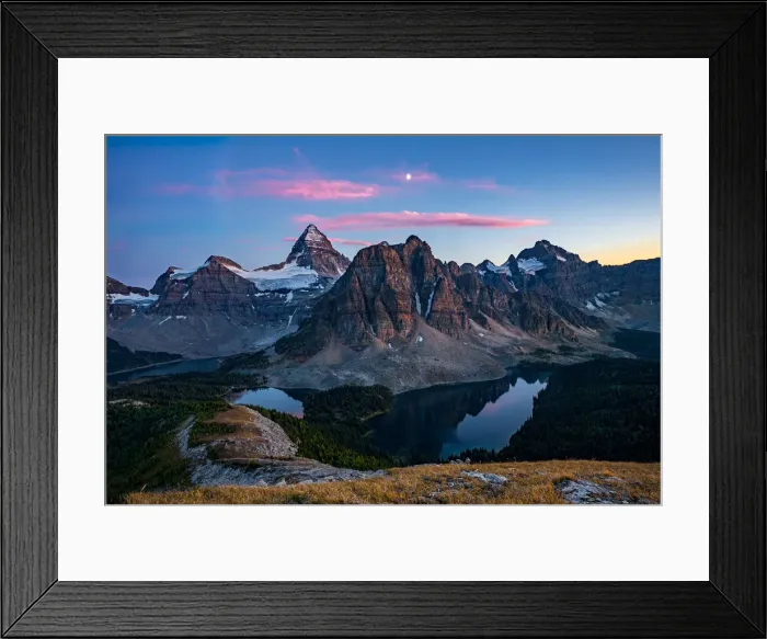 Framed Print : Sunset on top of Nub Peak, looking at Mount Assiniboine and the moon Framed Print : Sunset on top of Nub Peak, looking at Mount Assiniboine and the moon
