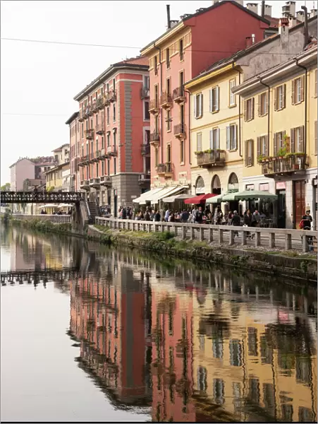 Old buildings reflected in the Naviglio Grande, Milan, Lombardy, Italy, Europe