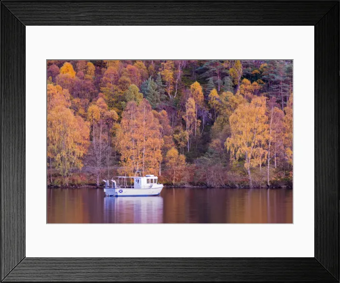 Framed Print : Boat moored at Loch Katrine, autumn colours, The Trossachs, Scotland, United Kingdom Framed Print : Boat moored at Loch Katrine, autumn colours, The Trossachs, Scotland, United Kingdom