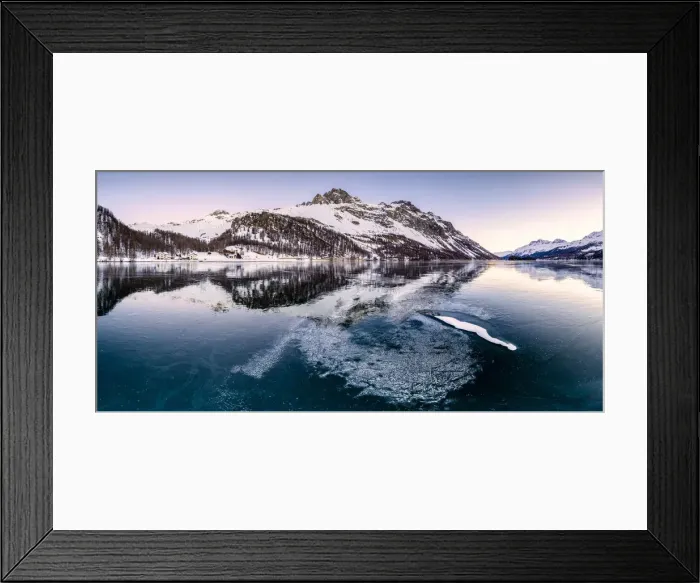 Framed Print : Panoramic view of the icy surface of Lake Sils at sunrise, Engadine Valley, Graubunden Framed Print : Panoramic view of the icy surface of Lake Sils at sunrise, Engadine Valley, Graubunden