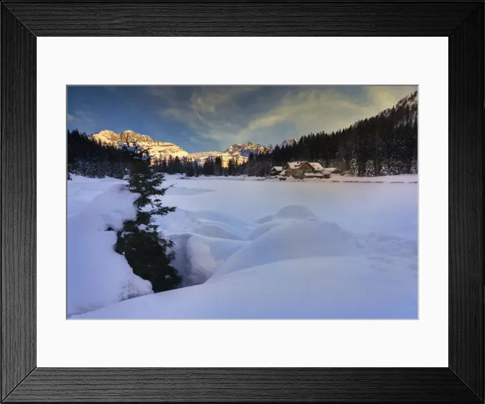 Framed Print : Rendena Valley, Lake Nambino and Brenta mountain range at sunset in winter, Trentino Framed Print : Rendena Valley, Lake Nambino and Brenta mountain range at sunset in winter, Trentino