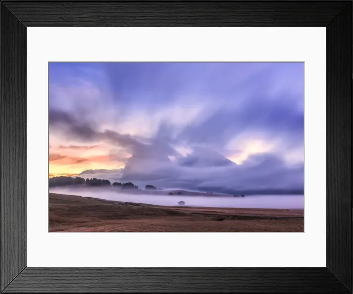 Framed Print : The fog hides a cabin and the Sassolungo group at dawn, Seiser Alm, Dolomites Framed Print : The fog hides a cabin and the Sassolungo group at dawn, Seiser Alm, Dolomites