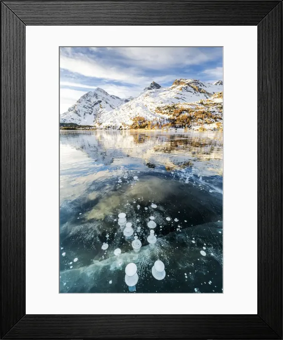 Framed Print : Methane bubbles in the icy surface of Silsersee with snowy peak, Lake Sils Framed Print : Methane bubbles in the icy surface of Silsersee with snowy peak, Lake Sils