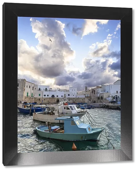 Cloudy sunset in the port of Monopoli, Apulia, Italy, Europe