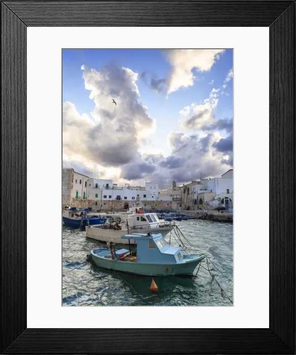 Framed Print : Cloudy sunset in the port of Monopoli, Apulia, Italy, Europe Framed Print : Cloudy sunset in the port of Monopoli, Apulia, Italy, Europe