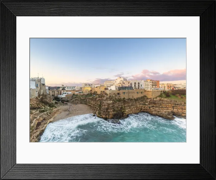 Framed Print : Sunrise with view on the beach of Lama Monachile from above, Polignano a Mare, Apulia Framed Print : Sunrise with view on the beach of Lama Monachile from above, Polignano a Mare, Apulia