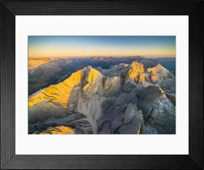 Framed Print : Aerial view of autumn sunset over the majestic peaks of Catinaccio Group, Dolomites Framed Print : Aerial view of autumn sunset over the majestic peaks of Catinaccio Group, Dolomites