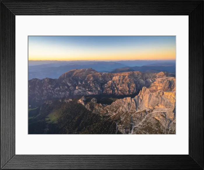 Framed Print : Aerial view of sunset over Tires Valley in autumn, Dolomites, South Tyrol, Italy, Europe Framed Print : Aerial view of sunset over Tires Valley in autumn, Dolomites, South Tyrol, Italy, Europe