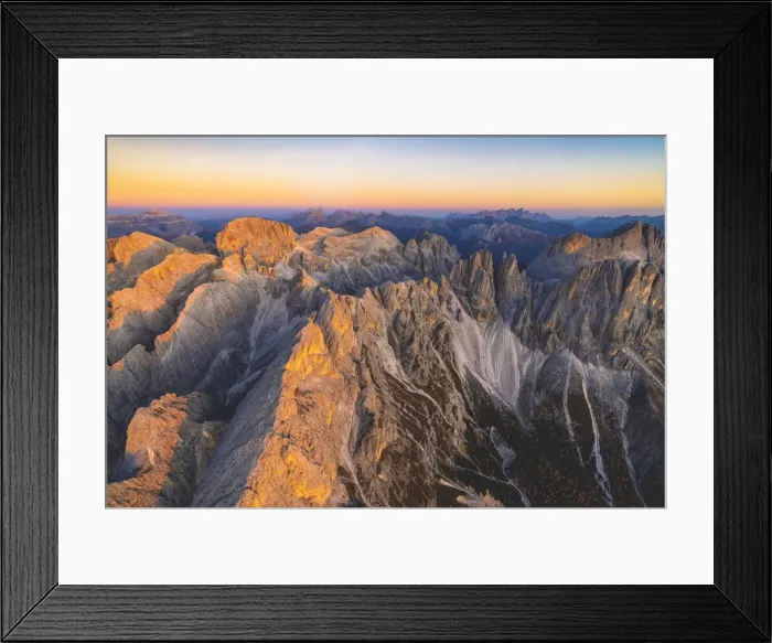 Framed Print : Aerial view of Torri Del Vajolet and Catinaccio Group lit by the autumn sunset, Dolomites Framed Print : Aerial view of Torri Del Vajolet and Catinaccio Group lit by the autumn sunset, Dolomites