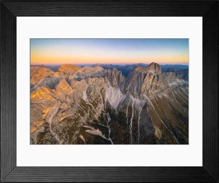 Framed Print : Aerial view of autumn sunset over Torri Del Vajolet, Catinaccio Group and Roda di Vael Framed Print : Aerial view of autumn sunset over Torri Del Vajolet, Catinaccio Group and Roda di Vael