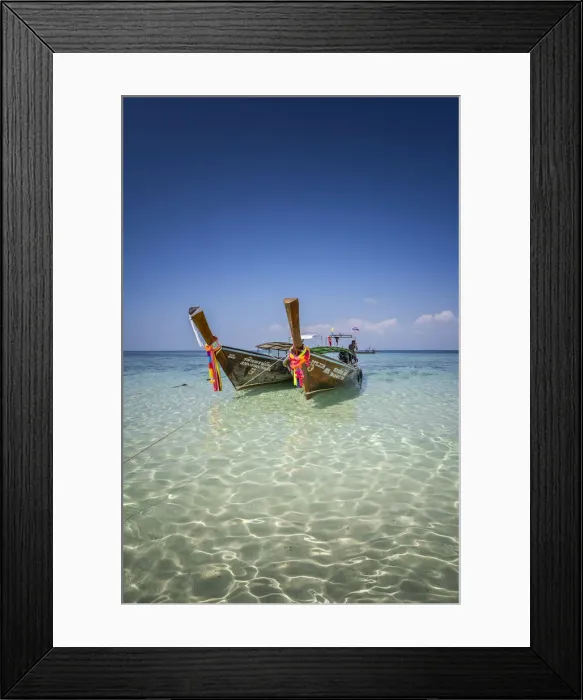 Framed Print : Amazing Blue Water at Bamboo Beach, Maya Bay with long tail boats, Phi Phi Lay Island