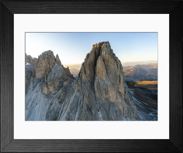 Framed Print : Aerial view of Rifugio Toni Demetz hut on top of Forcella del Sassolungo, Val Gardena