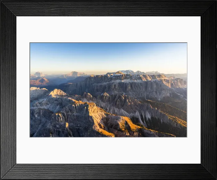 Framed Print : Aerial view of autumn sunset on rocky peaks of Sella Group, Val Gardena, Val di Fassa Framed Print : Aerial view of autumn sunset on rocky peaks of Sella Group, Val Gardena, Val di Fassa